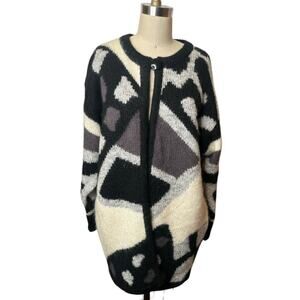 Vntg Franco Valeri Black Wool Blend Sweater Open Cardigan Duster Women's Size M
